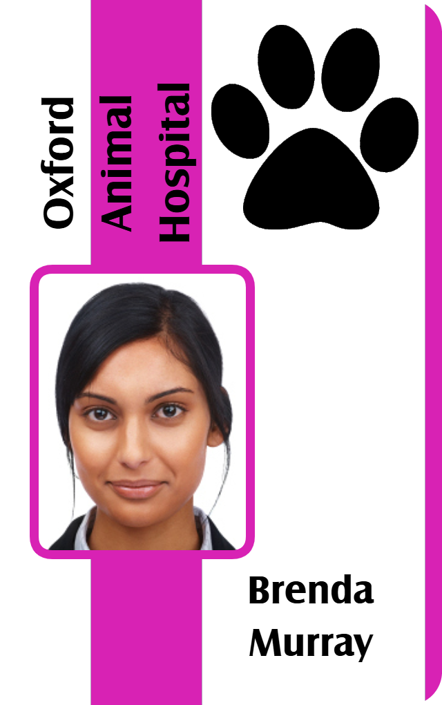 Template ID card for Oxford Animal Hospital featuring a black paw print, photo of dark-haired woman, and name at the bottom; waterproof, bend resistant, durable PVC
