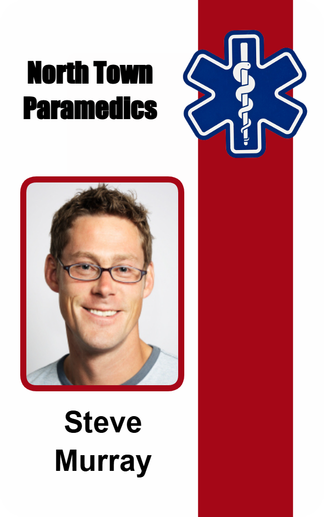 North Town Paramedics ID badge template featuring a blue emergency medical symbol logo and a smiling man’s photo, durable PVC, waterproof, added security holographic overlay option