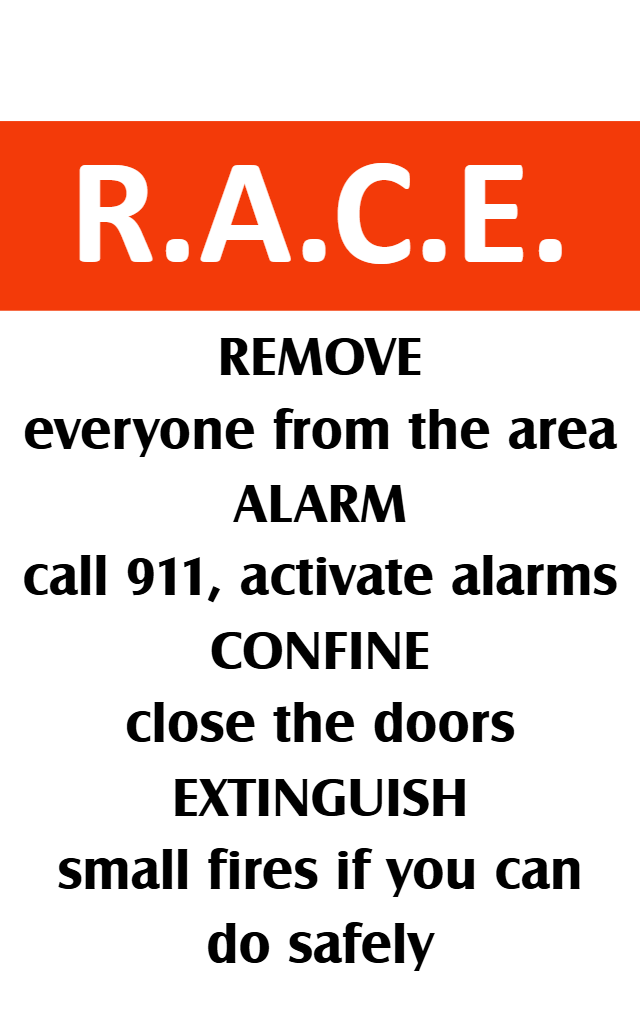 Template for fire emergency steps on an id card featuring R.A.C.E. in bold red, with Remove, Alarm, Confine, Extinguish details, 40mil thick option, bend resistant, waterproof