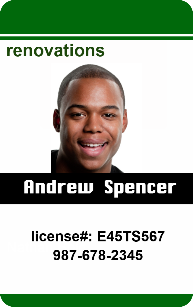 Template for renovations company ID card featuring a smiling man. Card includes durable PVC, waterproof, wear resistant features, and added security holographic overlay option