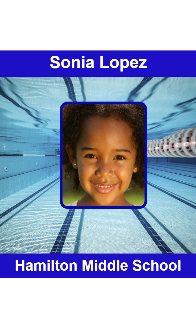 Template ID card featuring a smiling girl's photo centered on a swimming pool backdrop, “Hamilton Middle School” bottom text, waterproof, 40mil thick option, clear overlay option