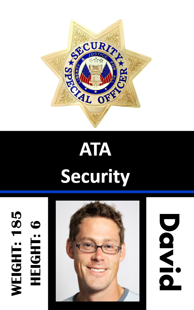 Template ID badge for security officer, features photo, height 60, weight 185 lbs, security icon at top; durable PVC, waterproof, bend resistant