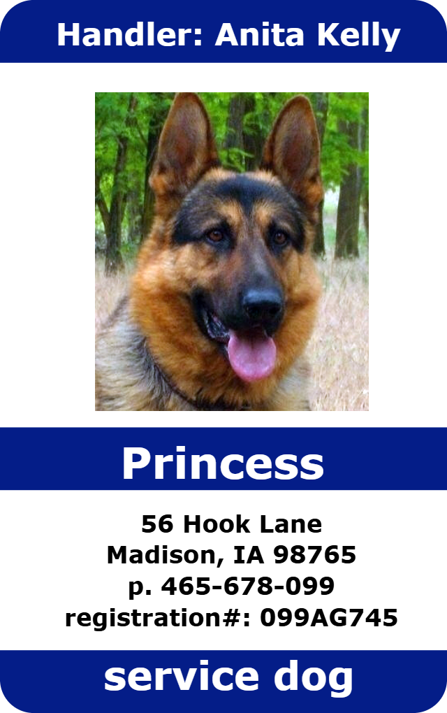 Template service dog ID card for German Shepherd Princess, features photo above info details, wear resistant, waterproof, clear overlay option