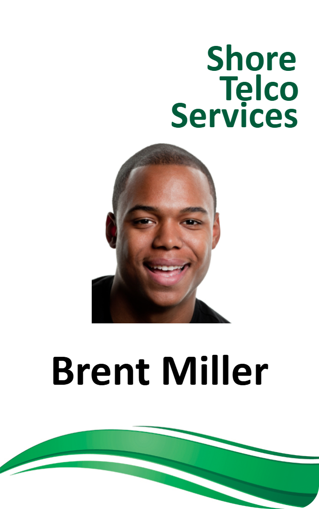 Template ID badge for Shore Telco Services with a smiling short-haired man, green wave graphics at the bottom; waterproof, wear resistant, clear overlay option