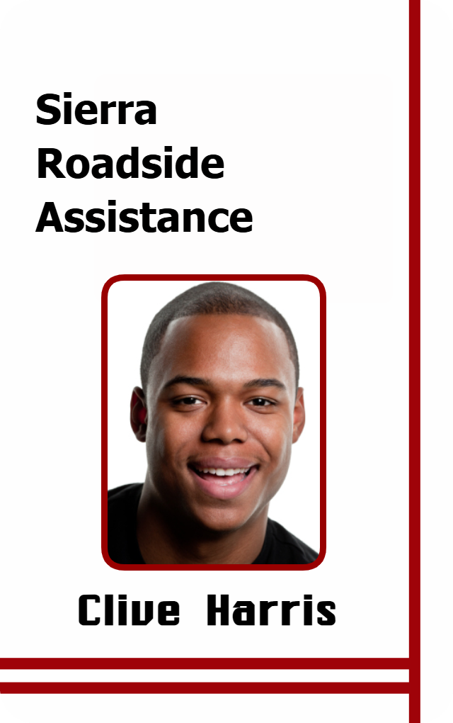 Template ID badge for Sierra Roadside Assistance, with red borders and accents, durable PVC, bend resistant, added security holographic overlay option, and a smiling man’s photo