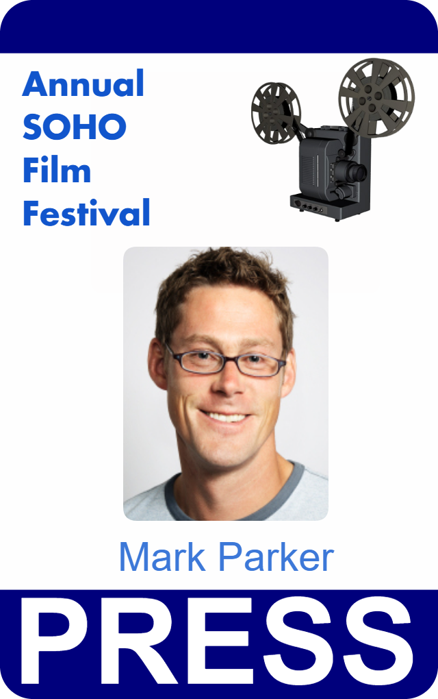Template for an event id card: Annual SOHO Film Festival PRESS badge with film projector graphic, man's photo, bold "PRESS", durable PVC and 50 mil thick option