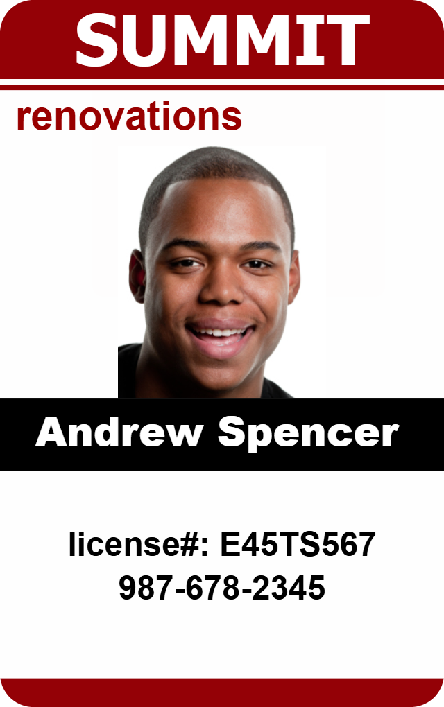 Template ID badge for Summit Renovations featuring a photo of a smiling man, name and credentials displayed, 40mil thick option, wear resistant, added security holographic overlay option