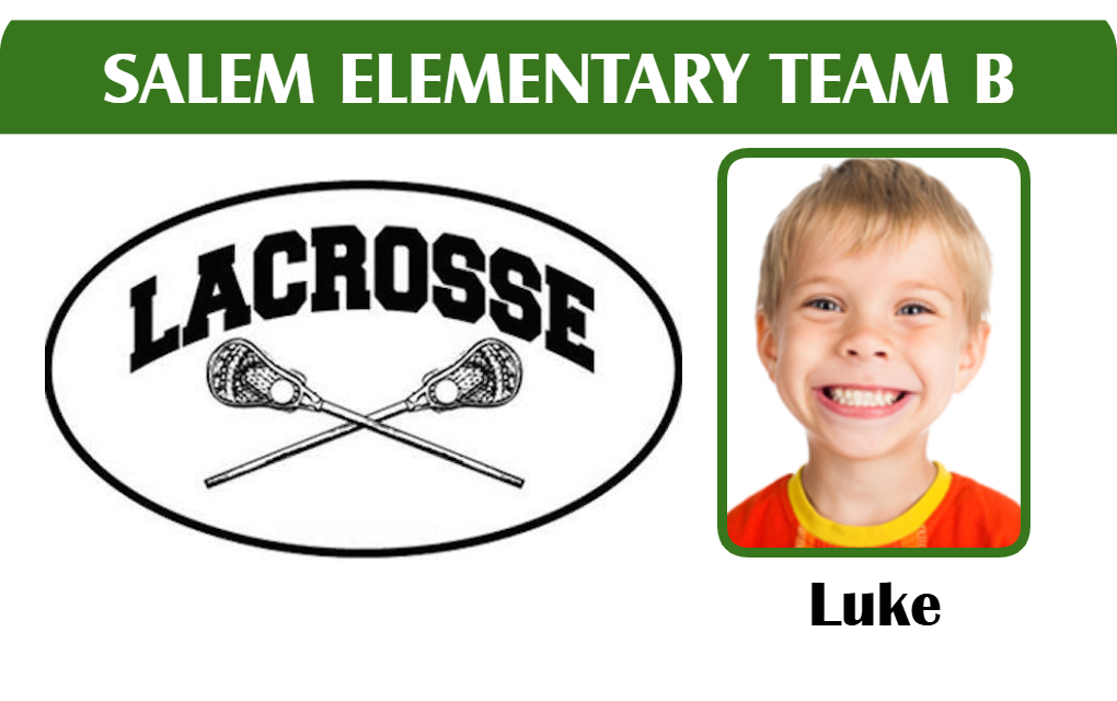 Template ID badge for Salem Elementary Team B Lacrosse, featuring the team name, two crossed lacrosse sticks, and a smiling young boy. Durable PVC, waterproof, 40mil thick option Template ID badge for Salem Elementary Team B Lacrosse, featuring the team name, two crossed lacrosse sticks, and a smiling young boy. Durable PVC, waterproof, 40mil thick option