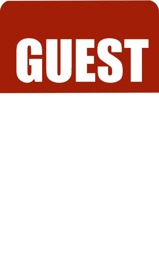 A template ID badge features a red top section with "GUEST" in bold white letters, and a large blank white area beneath. Made of durable PVC, waterproof, 40mil thick option