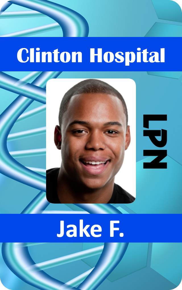 Template ID badge for Clinton Hospital featuring a photo of a smiling man, titled LPN on a blue background with DNA strand graphics, 40mil thick durable PVC, bend resistant