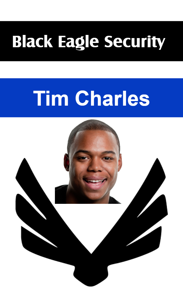 Template ID badge featuring Black Eagle Security at the top, headshot photo center, black eagle logo bottom. Durable PVC, waterproof, bend resistant