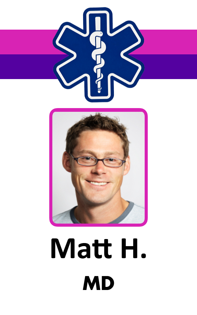 Template ID badge with a blue medical symbol, professional headshot, and name below image; purple stripes at the top. Durable PVC, waterproof, 40mil thick option