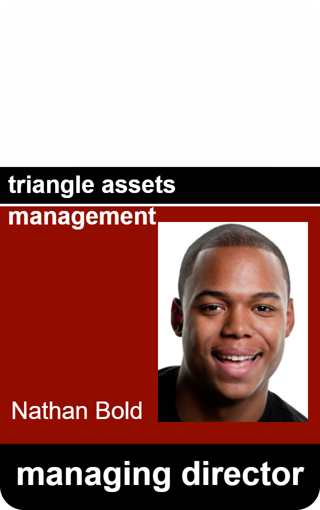 Template ID badge featuring a photo of a smiling man. Text: triangle assets management, managing director. Durable PVC, waterproof, bend resistant, 40mil thick option