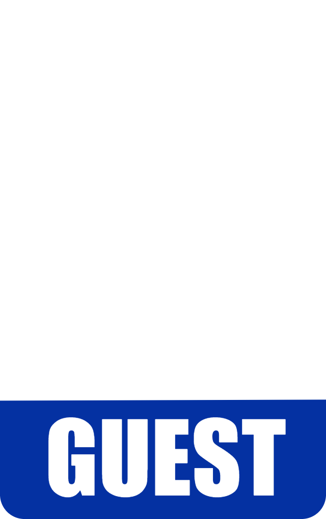 Template for an ID badge with a durable PVC build; blue rectangle at the bottom displays "GUEST" in bold white letters; white blank upper area; waterproof; bend resistant