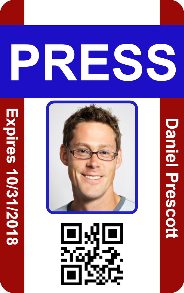 Template id badge with headshot of man in glasses, labeled for press, QR code bottom, expiry date 10/31/2018, wear resistant, 40mil thick option, clear overlay option