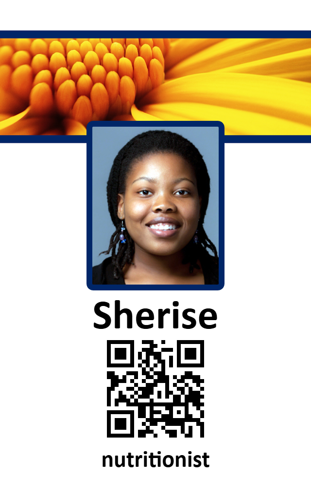 Template ID badge with a woman's photo, nutritionist title, QR code, yellow abstract top design; waterproof, 40mil thick option, wear resistant