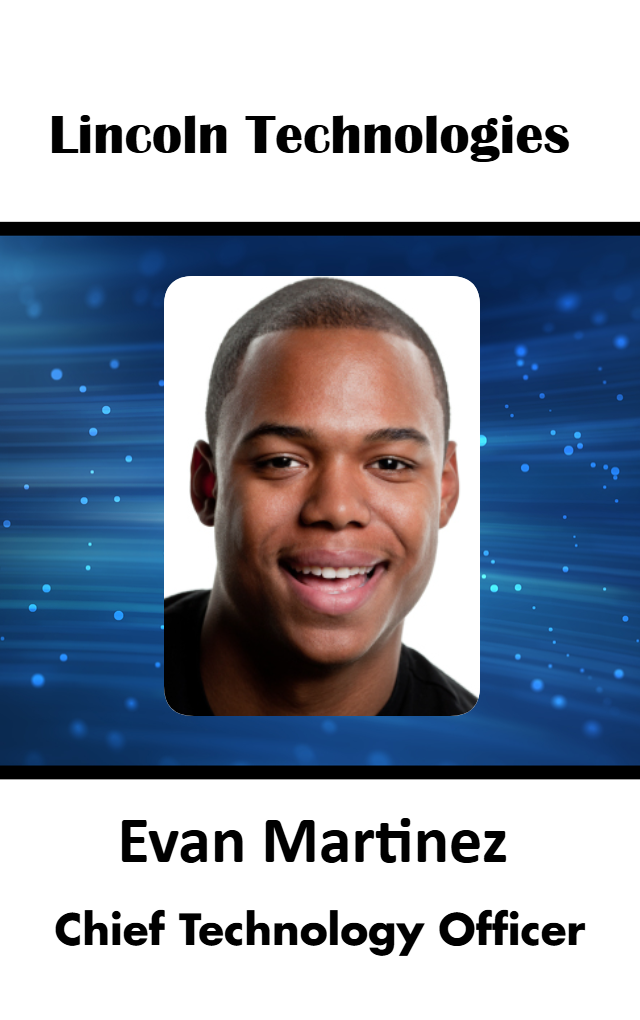 Template ID badge featuring a headshot of a smiling man, blue digital background, title and name visible; 40mil thick option, waterproof, bend resistant