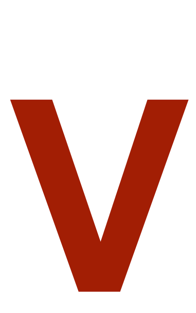 ID card template featuring a large, bold, uppercase letter V in dark red on a white background; wear resistant, 40mil thick option, and clear overlay option for added durability