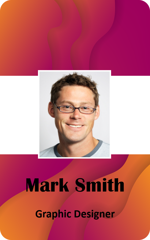 Template id card featuring a smiling man with short brown hair and glasses; "Graphic Designer" text below on a pink-orange abstract background. Durable PVC, bend resistant, 40mil thick option