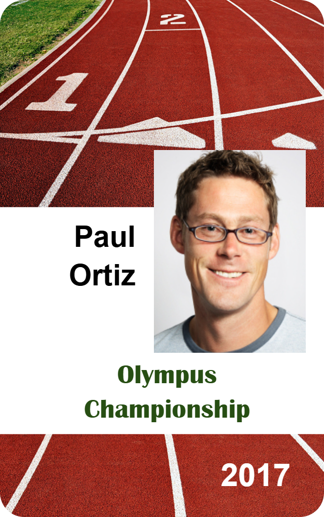 Template ID card features a running track background with a smiling man in glasses. Includes Olympus Championship, 2017 text. Durable PVC, bend resistant, waterproof option