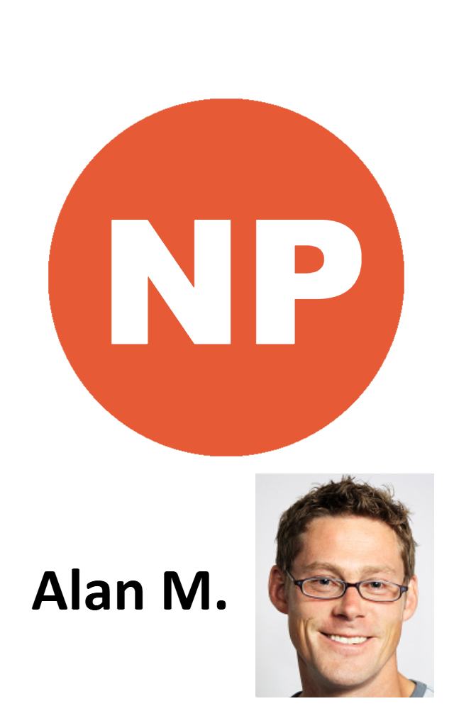 Template id card featuring an orange circle with white NP initials above a headshot of a man with short brown hair, glasses, and a slight smile; text reads Alan M. Durable PVC, waterproof