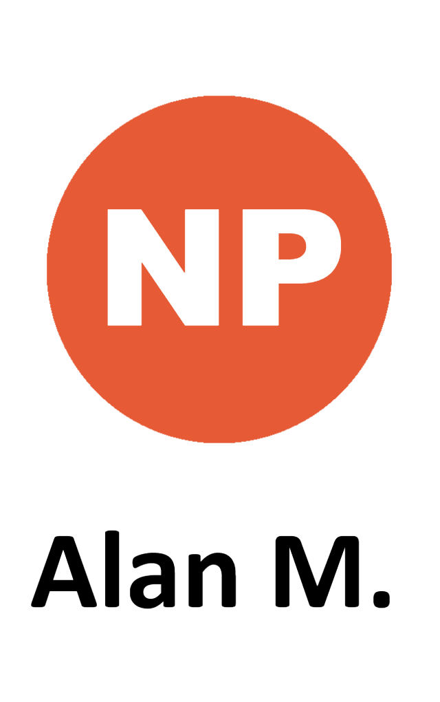Template ID card featuring an orange circle with white NP letters centered above bold black text on a white background; durable PVC, waterproof, and clear overlay option