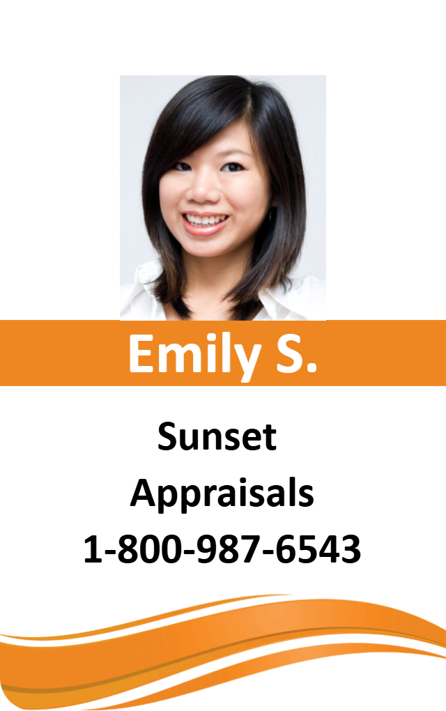 Template id card featuring a headshot of a smiling woman with straight dark hair above labeled business info and an orange wave bottom design; waterproof, clear overlay option