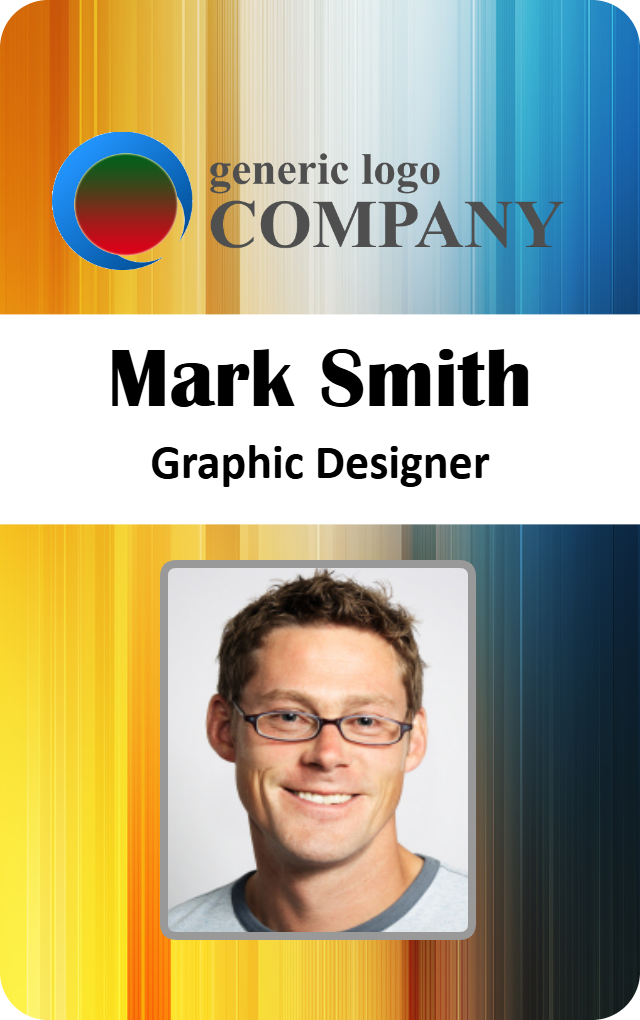 Template ID card featuring a circular logo, "Generic Logo Company," title Graphic Designer, headshot of a smiling man with glasses; waterproof, 50 mil thick option