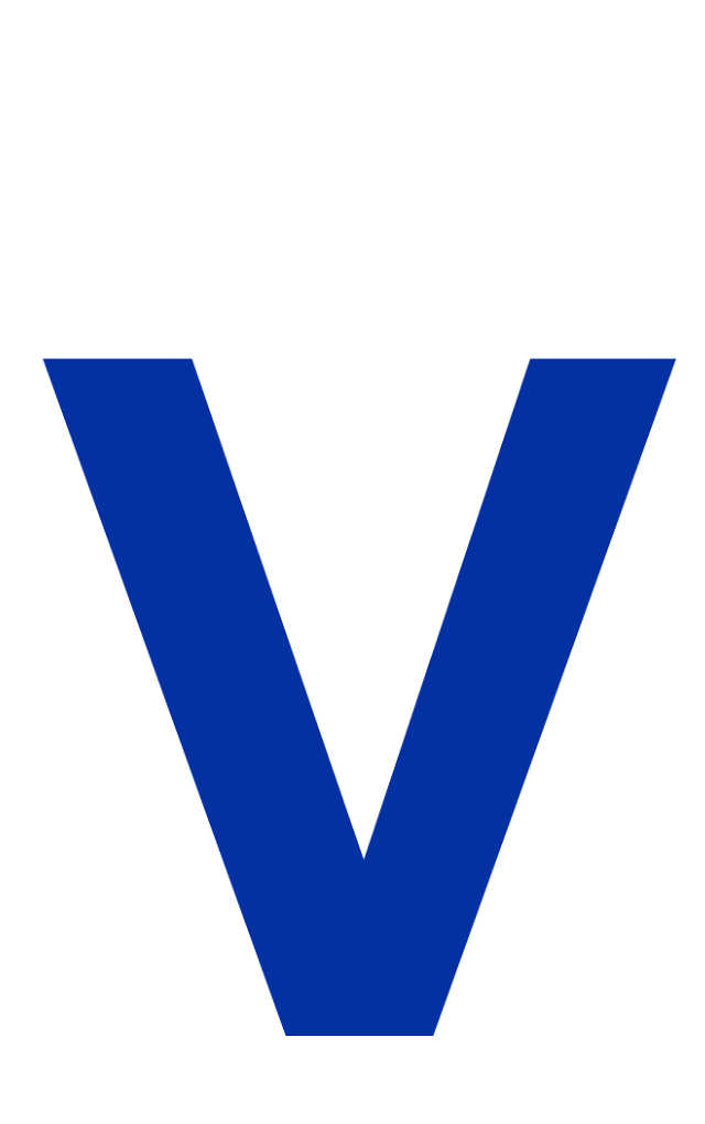 Template id card featuring a bold, uppercase V in bright blue centered on a white background. Durable PVC, 40mil thick option, wear resistant, waterproof