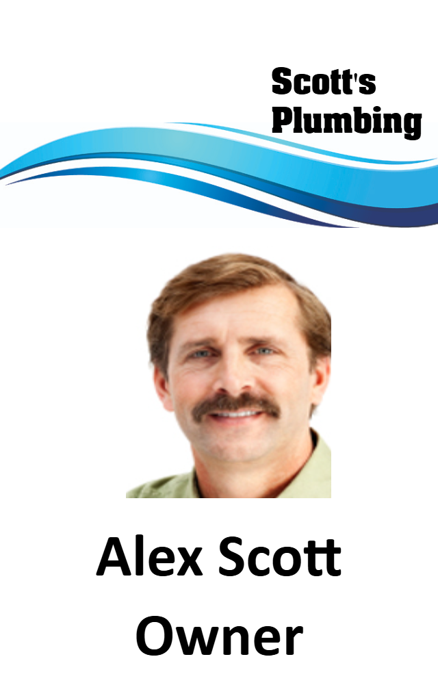 Template ID badge showing a headshot of a man with brown hair and mustache, labeled Owner for Scotts Plumbing. Blue wave graphic above. Durable PVC, waterproof, clear overlay option