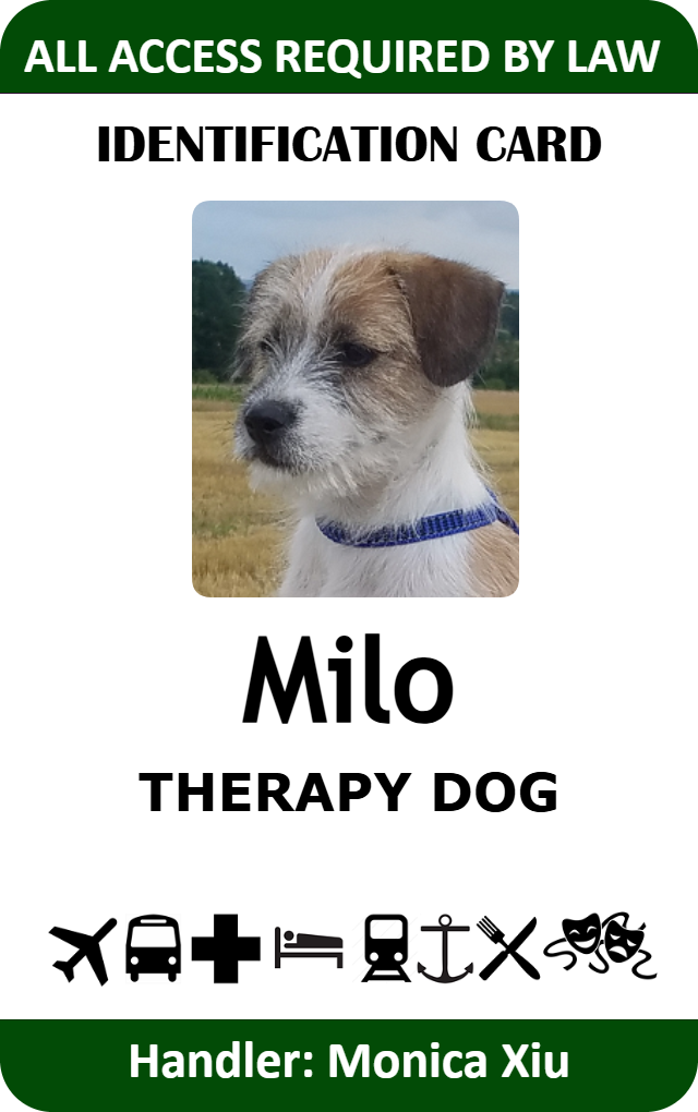Template ID card for a therapy dog named Milo, featuring a photo of a brown and white dog. All-access granted, handler listed. Durable PVC, wear resistant, added security holographic overlay option