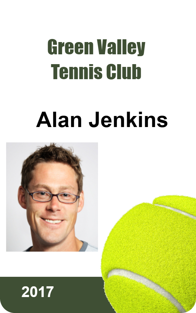 Template ID badge for Green Valley Tennis Club showing a man with glasses, large tennis ball, year 2017 at the bottom; waterproof durable PVC, wear resistant, clear overlay option