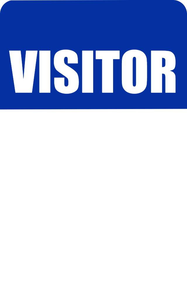 Template id badge featuring a blue top section with VISITOR in bold white lettering, blank and white below; durable PVC, 40mil thick option, waterproof