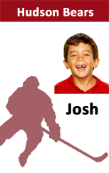 Template ID badge featuring a young boy in a red shirt above his name, next to a maroon hockey player silhouette with "Hudson Bears" on top. Durable PVC, wear resistant