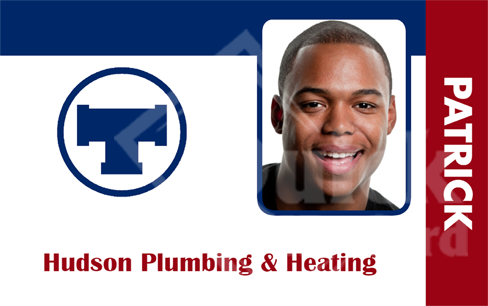 Template ID badge for Hudson Plumbing & Heating, includes company logo, a smiling man’s photo, and name displayed vertically on a red stripe. Waterproof, bend resistant, clear overlay option Template ID badge for Hudson Plumbing & Heating, includes company logo, a smiling man’s photo, and name displayed vertically on a red stripe. Waterproof, bend resistant, clear overlay option