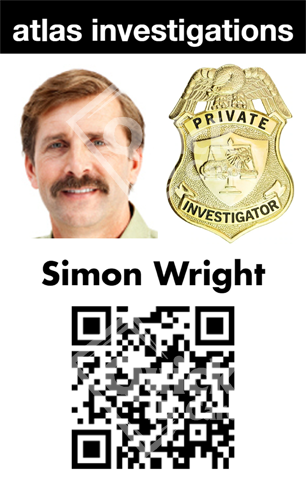 Template for durable PVC ID badge, atlas investigations with photo of man, gold private investigator badge, name, QR code; wear resistant and clear overlay option