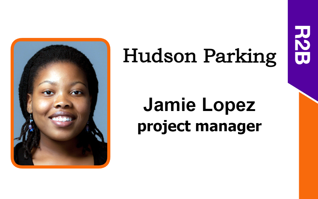 Template id card featuring a smiling person with short braids, text reading Hudson Parking, project manager title, purple R2B label, durable PVC and NFC near-frequency field option Template id card featuring a smiling person with short braids, text reading Hudson Parking, project manager title, purple R2B label, durable PVC and NFC near-frequency field option