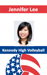 ID card template featuring a smiling young woman with straight black hair, Kennedy High Volleyball label, stylized volleyball and U.S. flag motif; waterproof, 40mil thick option