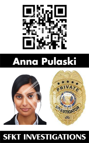 A template ID badge with QR code, a woman’s photo, investigator badge, SFKT INVESTIGATIONS text; 40mil thick option, waterproof and bend resistant