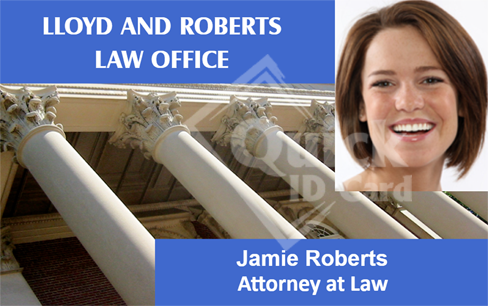 ID card template featuring columns, "Lloyd and Roberts Law Office," portrait of a smiling woman, "Attorney at Law." Waterproof, durable PVC with optional clear overlay ID card template featuring columns, "Lloyd and Roberts Law Office," portrait of a smiling woman, "Attorney at Law." Waterproof, durable PVC with optional clear overlay