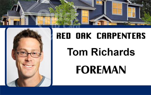 Red Oak Carpenters ID badge template, with a smiling man in glasses and a house in the background. Wear resistant, durable PVC 40mil thick option, clear overlay for added security Red Oak Carpenters ID badge template, with a smiling man in glasses and a house in the background. Wear resistant, durable PVC 40mil thick option, clear overlay for added security
