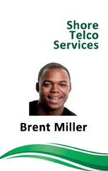 Template ID badge for Shore Telco Services with a smiling short-haired man, green wave graphics at the bottom; waterproof, wear resistant, clear overlay option