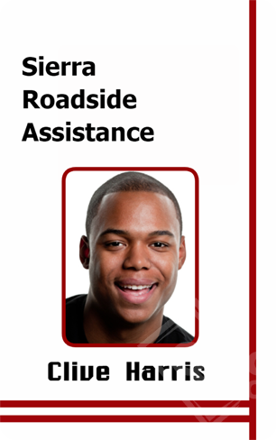 Template ID badge for Sierra Roadside Assistance, with red borders and accents, durable PVC, bend resistant, added security holographic overlay option, and a smiling man’s photo