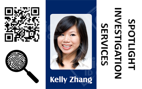 A template ID card for Spotlight Investigation Services includes a portrait, QR code, fingerprint icon, bold company name; 50 mil thick option, waterproof, clear overlay option A template ID card for Spotlight Investigation Services includes a portrait, QR code, fingerprint icon, bold company name; 50 mil thick option, waterproof, clear overlay option