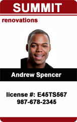 Template ID badge for Summit Renovations featuring a photo of a smiling man, name and credentials displayed, 40mil thick option, wear resistant, added security holographic overlay option