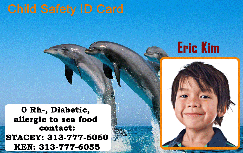 Template child safety ID card featuring dolphins jumping in the background and a child's photo. Medical info and contact numbers visible. Durable PVC, waterproof, clear overlay option Template child safety ID card featuring dolphins jumping in the background and a child's photo. Medical info and contact numbers visible. Durable PVC, waterproof, clear overlay option