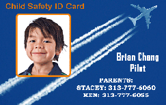 Template child safety ID card featuring a young boy’s photo, name and emergency contact info, plane with contrails in background; waterproof, wear resistant, clear overlay option Template child safety ID card featuring a young boy’s photo, name and emergency contact info, plane with contrails in background; waterproof, wear resistant, clear overlay option