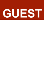 A template ID badge features a red top section with "GUEST" in bold white letters, and a large blank white area beneath. Made of durable PVC, waterproof, 40mil thick option