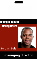 Template ID badge featuring a photo of a smiling man. Text: triangle assets management, managing director. Durable PVC, waterproof, bend resistant, 40mil thick option