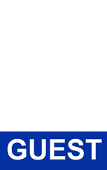 Template for an ID badge with a durable PVC build; blue rectangle at the bottom displays "GUEST" in bold white letters; white blank upper area; waterproof; bend resistant